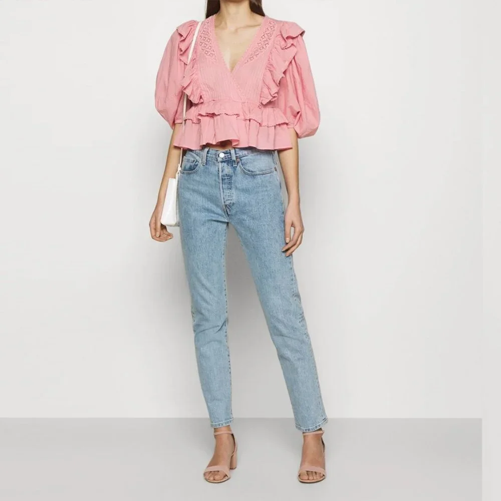 FARM Rio Blush Pink Puff Sleeve V-Neck Blouse